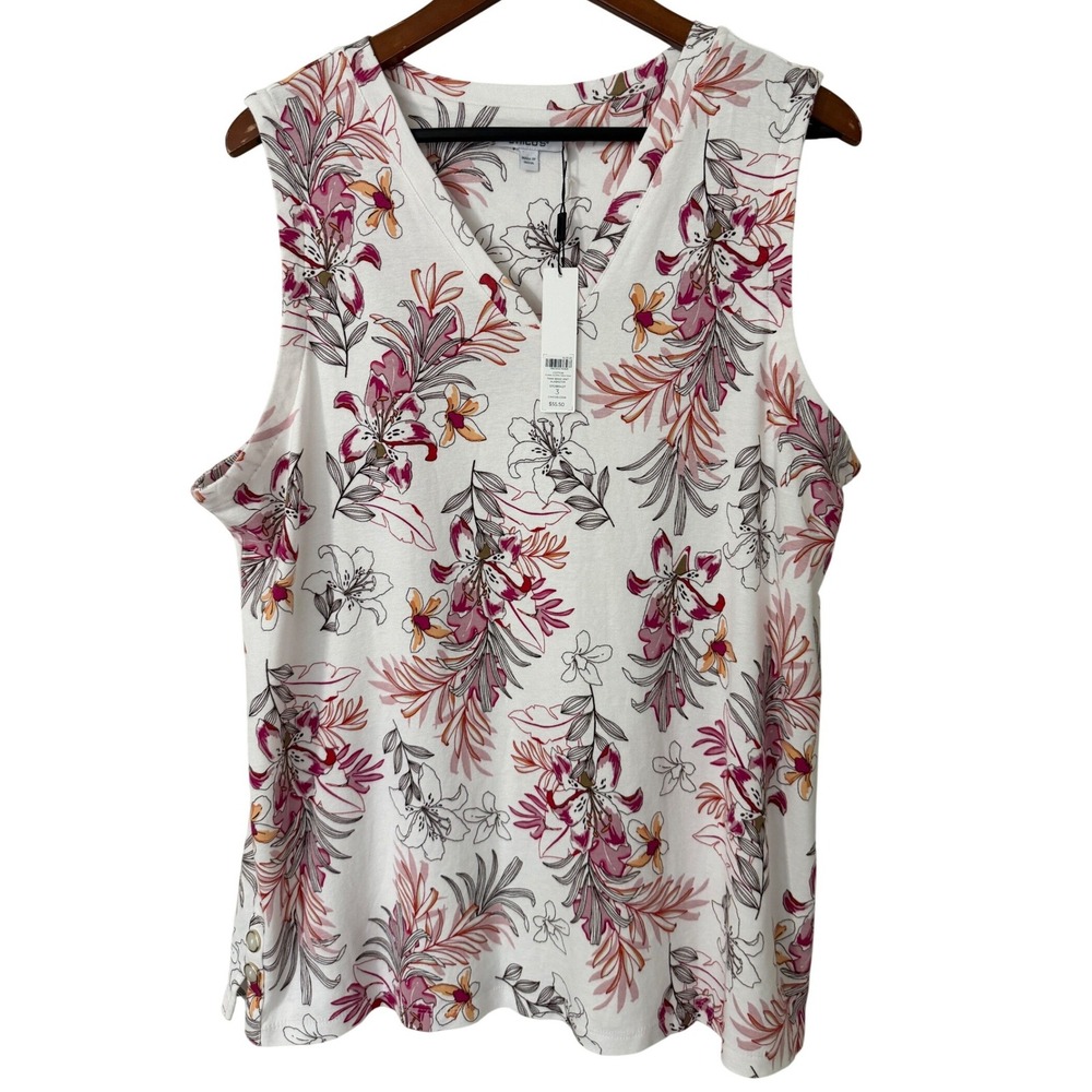 Chicos Floral Cluster V Neck Tank Top Alabaster White Cotton Size 3 XL New